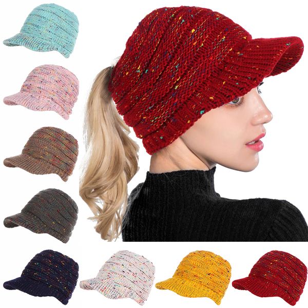 

women soft stretch knitted warm ponytail hat winter bun hat sports fashion baseball caps beret hip hop flat cap hats, Blue;gray
