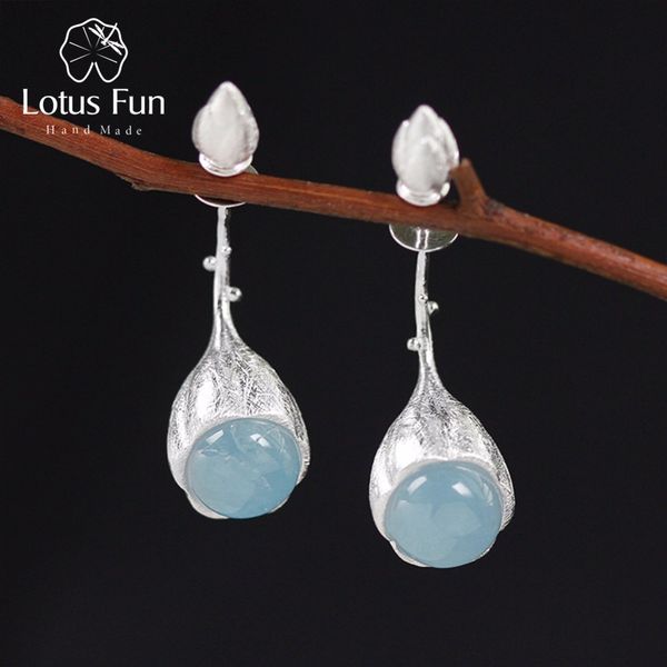 

lotus fun real 925 sterling silver natural stone handmade fine jewelry elegant lotus buds dangle earrings for women, Golden;silver