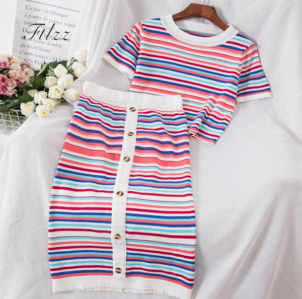 

summer knitted two piece sets woman suits lady suit office wear clothes new short sleeve and slim skirts 2 pcs set casaco, White