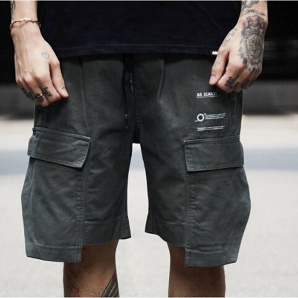 

2018 high street print letter multi-pocket loose casual knee length man male retro m-xl casual shorts, White;black
