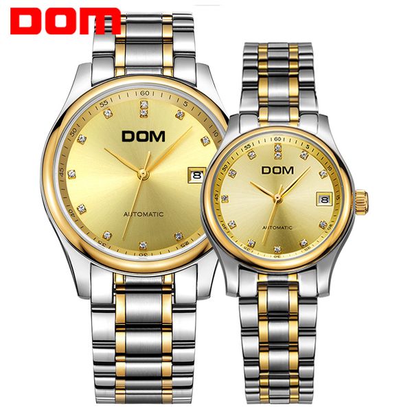 

2018 dom mechanical couples watch waterproof stainless steel couples watches crystal hombre m-95+g-95, Slivery;brown