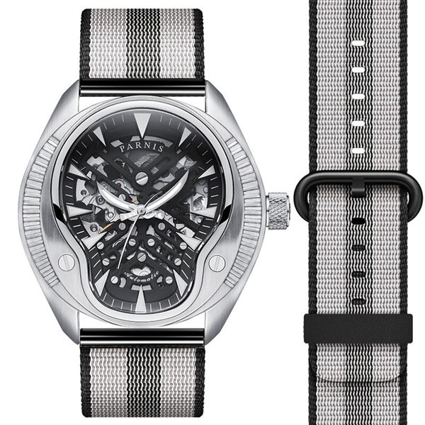 

skull luminous dial mens leather watchband fashion mechanical watch wristwatch, Slivery;brown