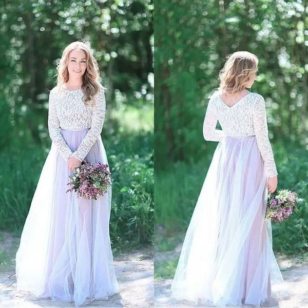 Land-Brautjungfernkleider für den Herbst 2018, langes Spitzenmieder, langärmeliger A-Linie-Tüllrock, weiße und lila Brautjungfernkleider für Hochzeiten