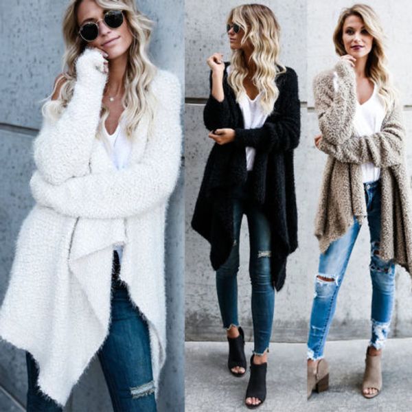 

long sleeve womens ladies warm casual wool blends women open knitted wool casual cardigan blend outwear, Black