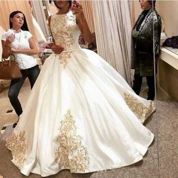 

vintage white satin with gold appliques wedding dresses ball gown vestidos jewel neck long bridal gowns custom arabic dubai wedding