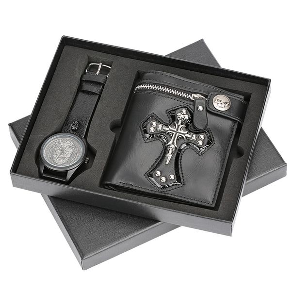 

rock steampunk skull men wristwatch + leather wallet gift set cool box punk style watches for father boyfriend christmas gifts, Slivery;brown