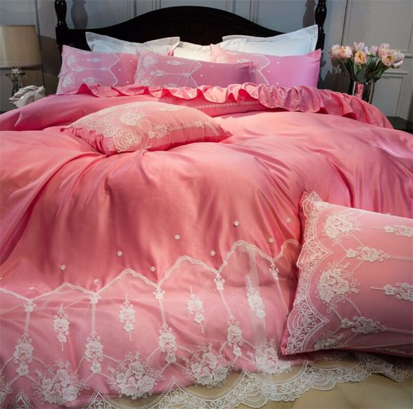 Pink White Romantic Lace Edge Luxury Princess 60s Egyptian Cotton Bedding Set Duvet Cover Bed Linen Bed Sheet Pillowcases 4 Bedroom Comforter Sets