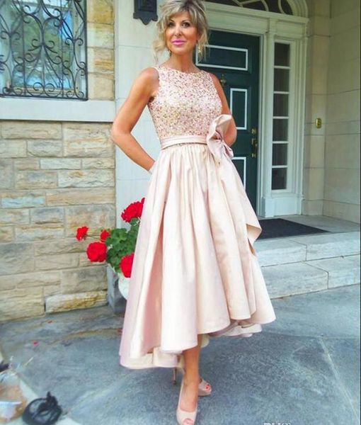 

beaded tea length formal evening party dress bateau neckline ruched satin plus size mother of the bride groom dresses with bow, Black;red