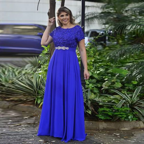

royal blue a-line mother of the bride dresses with short sleeve appliques sash wedding guest gown plus size chiffon prom wears, Black;red