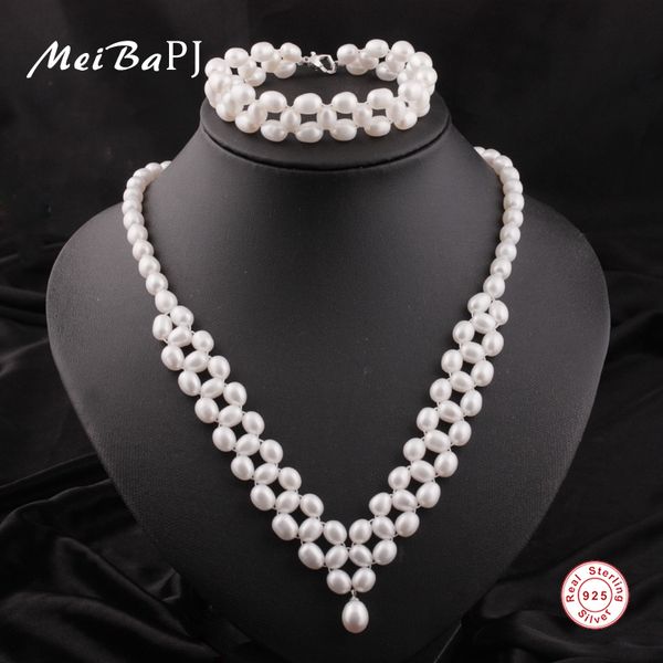 

meibapj]new fashion hand knit white natural freshwater pearl jewelry sets 925 sterling silver fine wedding jewelry for women, Black