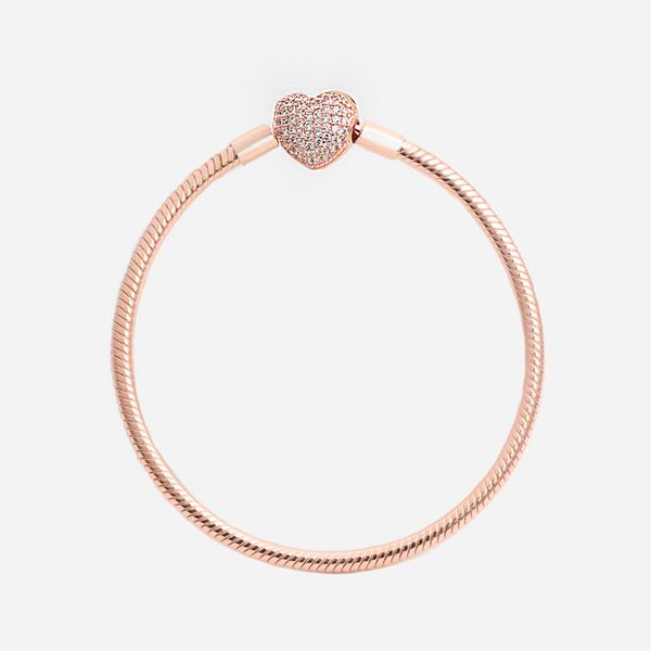 Luxusmode 18K Roségold CZ Diamant Herzarmbänder Originalverpackung für Pandora 925 Silber Glattes Schlangenkettenarmband