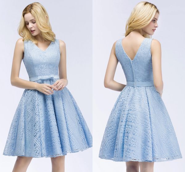 

ice blue 2020 full lace short cocktail dresses v neck above knee length short prom dresses homecoming party dresses cps916, Black;red