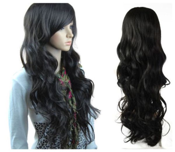 

new style fashion women long wavy hair girl curly full cosplay wigs, Black