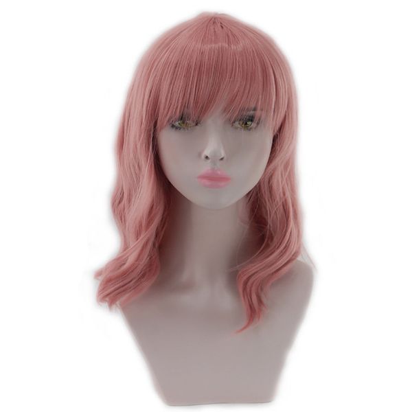 Mulheres Rosa Longo Encaracolado Peruca de Cabelo Ondulado Cosplay Peruca Resistente Ao Calor Sintético + Cap