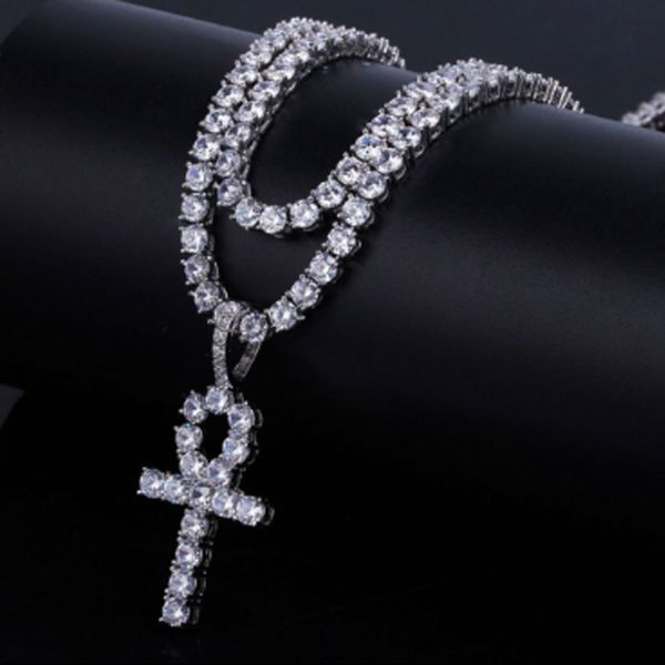 

luxury iced out bling bling cross ankn nail pendant mens micro pave cubic zirconia simulated diamonds tennis chain necklace, Silver