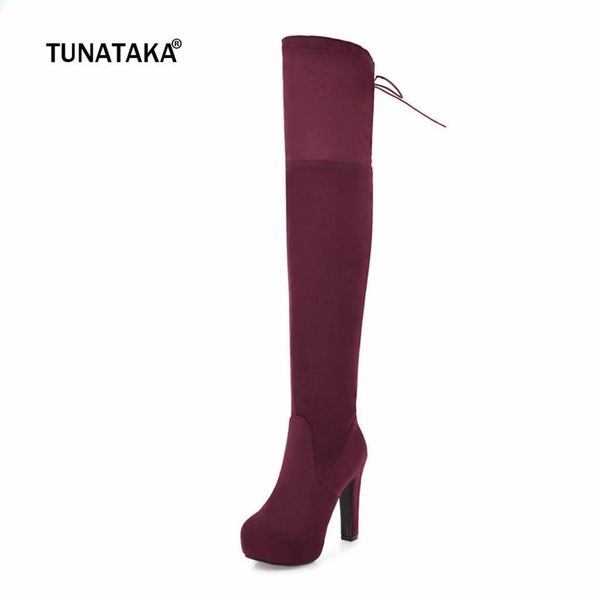

faux suede thick high heel thigh boots fashion platform side zipper over the knee shoes woman red blue black