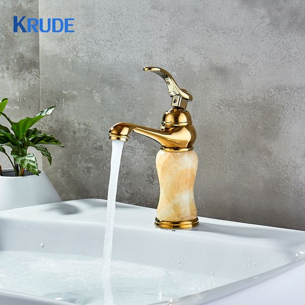 

basin faucet cold mixer single handle copper brass yellow jade taps marble stone swivel faucet deck mounted elegant shape