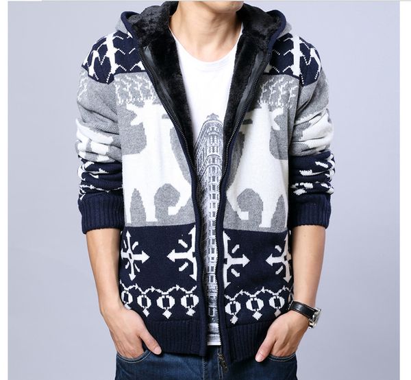 

mens winter warm hooded jackets red gray zipper thick cardigans christmas deer knitted cardigans ing, White;black