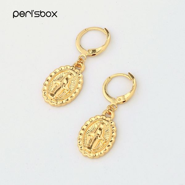 

peri'sbox gold color small virgin mary hoop earrings for women minimalist ear piercing huggie earrings oval coin disc, Golden;silver