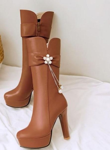 

send 2018 korean coarse heel high heel water drill middle barrel boots winter plus velvet zipper women martin boots, Black