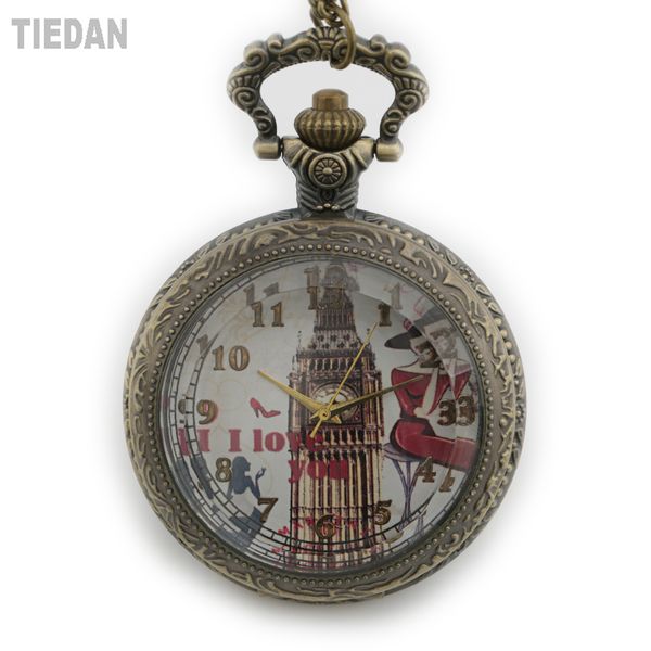 

tiedan 2018 new arrival dropshipping hollow bronze steampunk antique big ben dial antique pocket watches with chain necklace, Slivery;golden