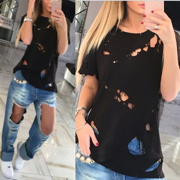 

2018 лето женщины хлопок майка размер s-3xl отверстие с коротким рукавом футболка женская мода дизайн топы уничтожить футболку, White