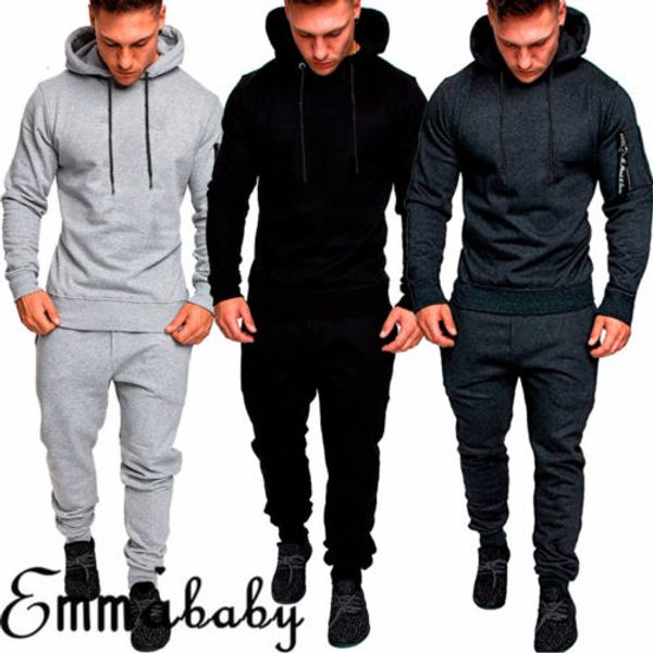 

gyms mens tracksuit set 2018 fashion sportswear men's gyms hoodies+long pants casual outwear suits chandal hombre completo, Gray