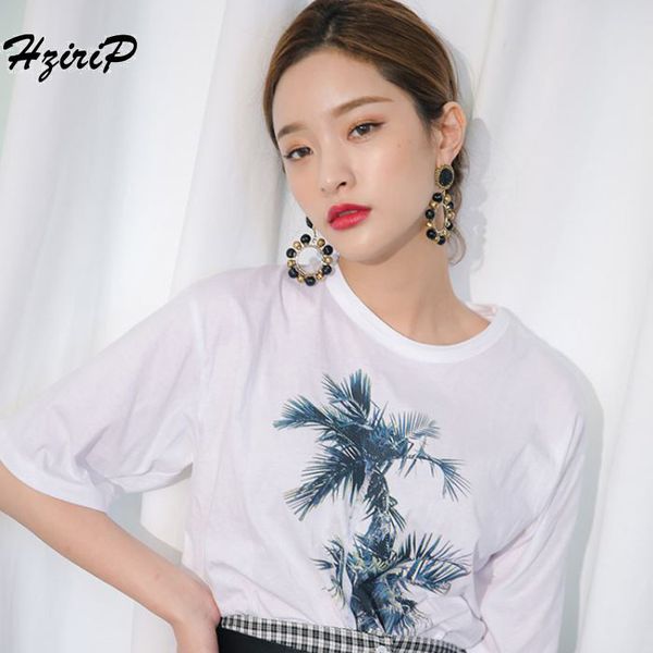 

hzirip 2018 new women t-shirts solid coconut tree print o-neck white casual cotton tee female t-shirt woman clothes
