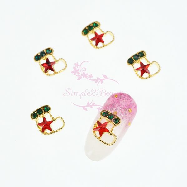 

100pcs/lot 3d cute hollow out xmas sock red star crystal rhinestones nail art manicure alloy charms jewelry decoration wholesale, Silver;gold