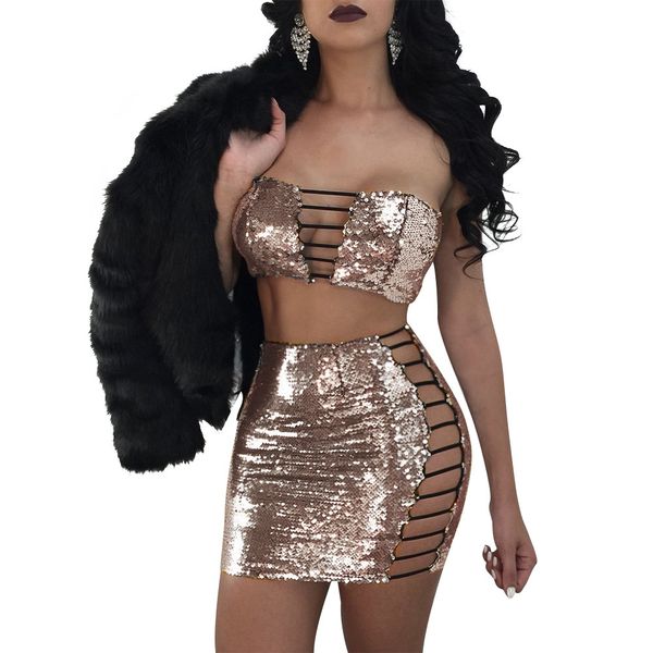 

women gold silver sequins lace up two piece dress back zipper 2020 fashion vestidos club party mini dress, Black