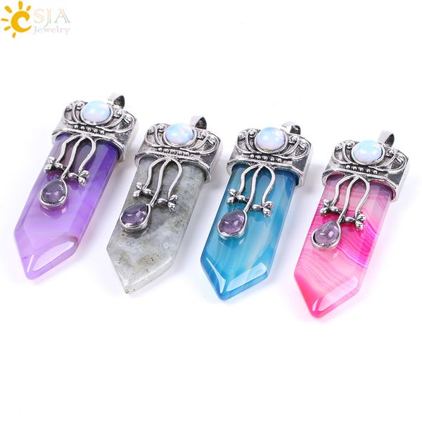 

csja big natural gem stone sword pendants hexagonal pendulums labradorite rose quartz lapis lazuli black obsidian tiger eye jewelry f071, Silver