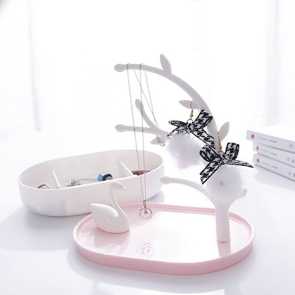 

creative swan lake art jewelry cosmetics container above layer branch shaped necklace storage rack below accessories storage box