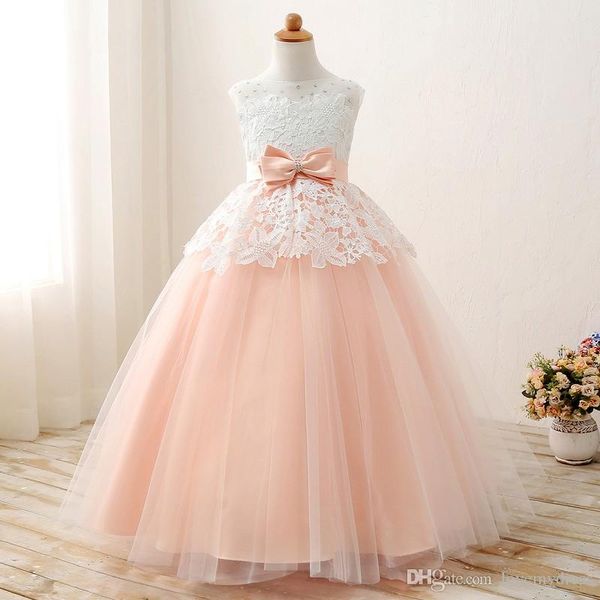 

floor length blush pink flower girl wedding party formal occasion pageant dress, White;blue