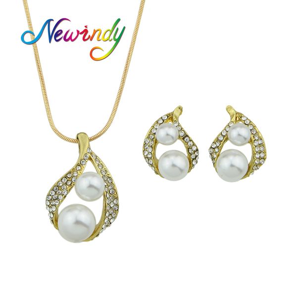 

newindy gold-color chain rhinestone simulated-pearl water drop pendant necklace stud earrings luxury wedding jewelry sets women, Silver