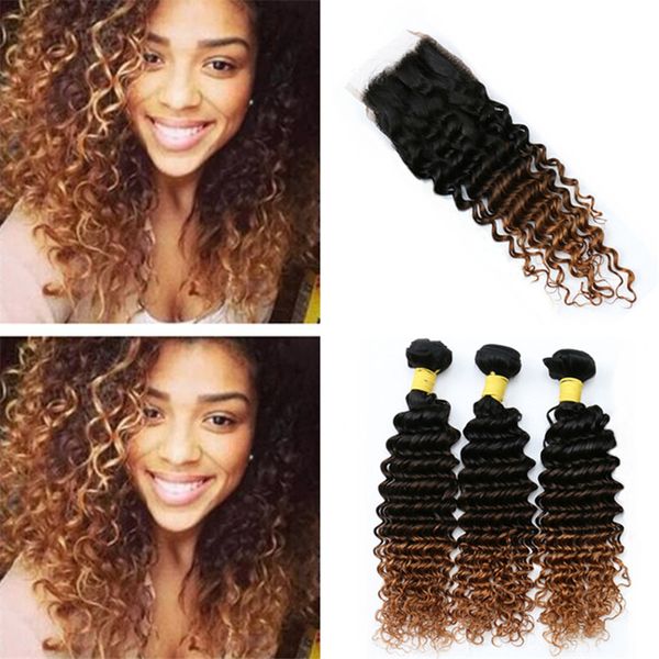 2019 Black Roots Brown Auburn 3 Tone Ombre Hair Bundles And Lace