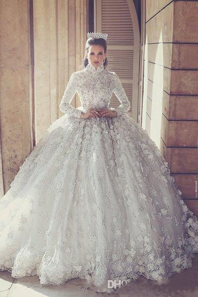 

A line wedding dre long leeve high neck wedding ball gown 3d flower plu ize wedding dre e cu tom made