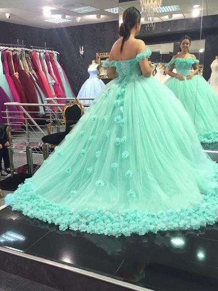 

2018 мяты бальное платье Quinceanera платья 3D ручной работы цветы с плеча сладкий 16 плюс размер принцесса тюль дешевые маскарадные платья выпускного вечера