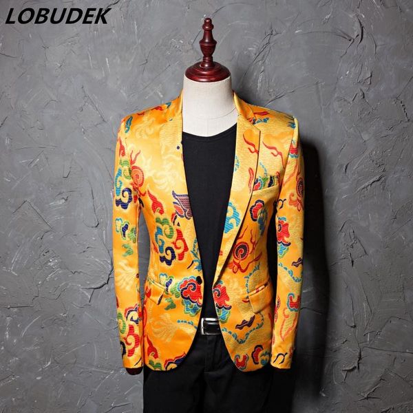 

retro men's blazers gold yellow printing casual coat male wedding groom jacket outerwear singer star compere show stage costume, White;black