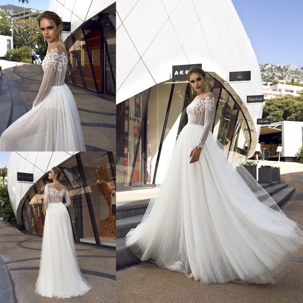 

tina valerdi 2019 a line свадебные платья sheer с плеча кружева robe de mariée с длинным рукавом пляж свадебное платье на заказ, White
