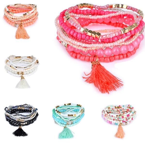 

New Bohemian Beach Multilayer crystal Beads Tassel Charm Bracelets Bangles For Women Gift Wrist Mala Bracelet drop ship 320116