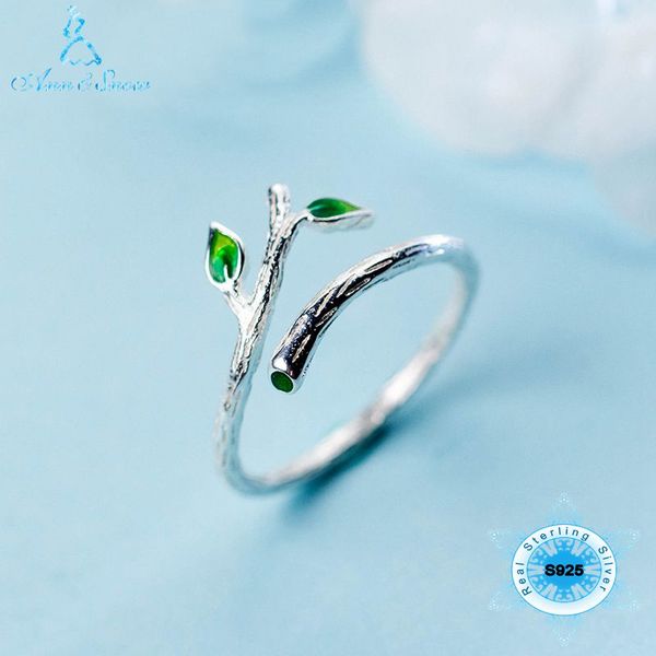 

925 sterling silver ring green leaves tree branch opening for woman girl simple special real 925 silver finger rings jewelry, Golden;silver