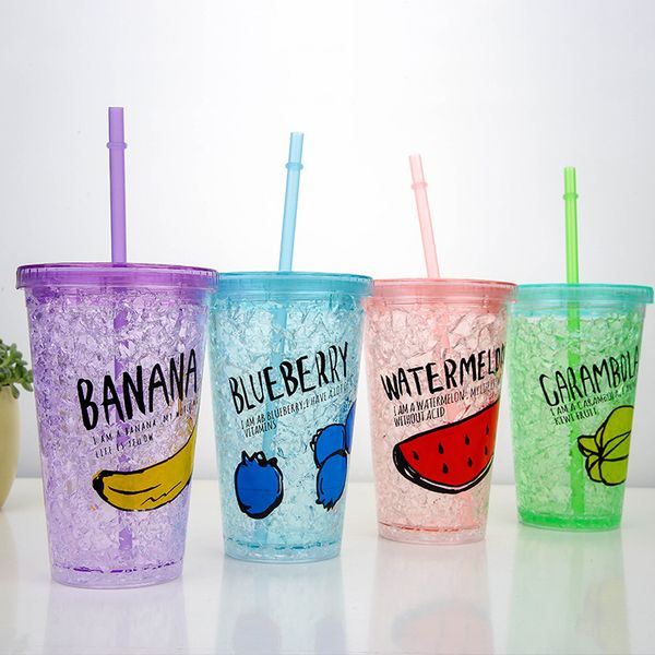 

450ml capacity summer colorful cool cold ice fashion ice cup double plastic straw cup couple gift cup water juice bottles drinkware t2i225