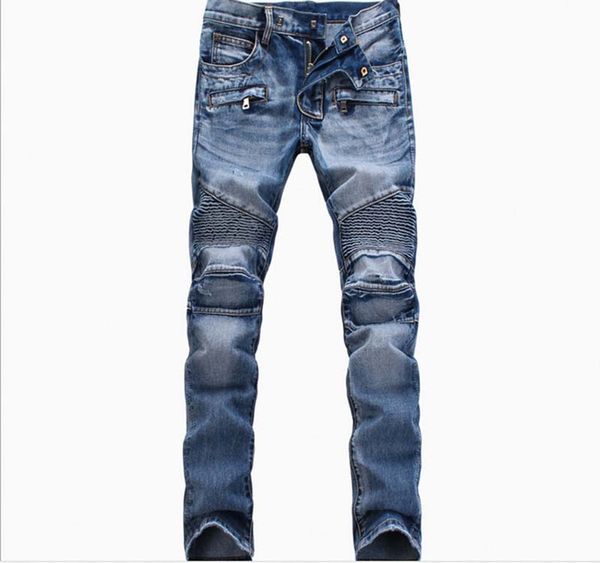 

men distressed ripped jeans fashion designer straight motorcycle biker jeans causal denim pants streetwear style jeans, Blue