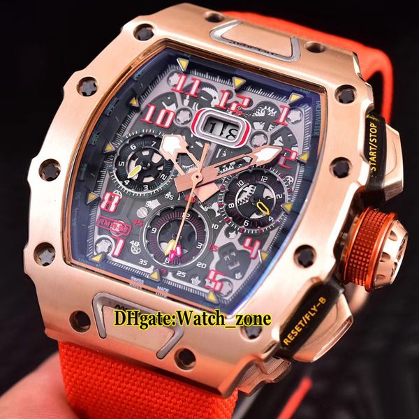 

big date flyback chrono rm11-03 rm011 japan miyota automatic mens watch skeleton dial rose gold case red nylon/leather strap watches, Slivery;brown
