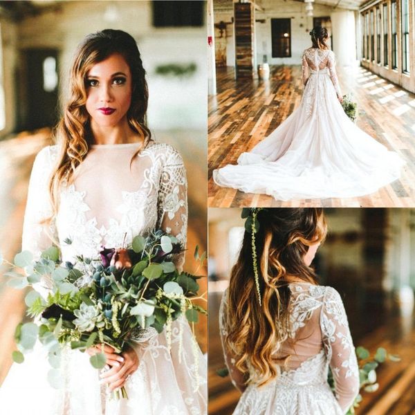 

bohemian desginer country a line wedding dresses 2019 sheer long sleeves jewel neck appliquesbridal gowns sweep train bc0135