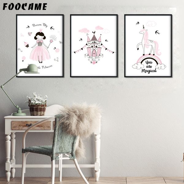 

foocame cartoon girl castle unicorn rainbow posters and prints art canvas painting home decoration wall pictures for living room