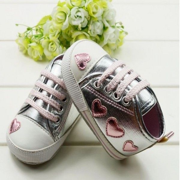 

toddler baby girl cute silver crib heart walking soft sneaker shoes 0-18 m