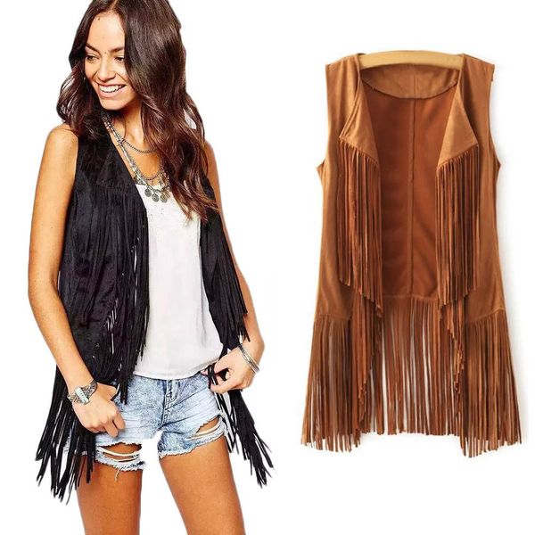 

women autumn spring vest long tussals waistcoat faux suede ethnic sleeveless tassels fringed vest cardigan, Black;white