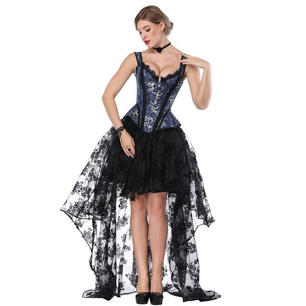 Blue Black Black Steampunk Костюм Женщины Corpeet E Corselet Сексуальное Корсет Платье Викторианская Готическая Одежда Платья Burlesque Outfit
