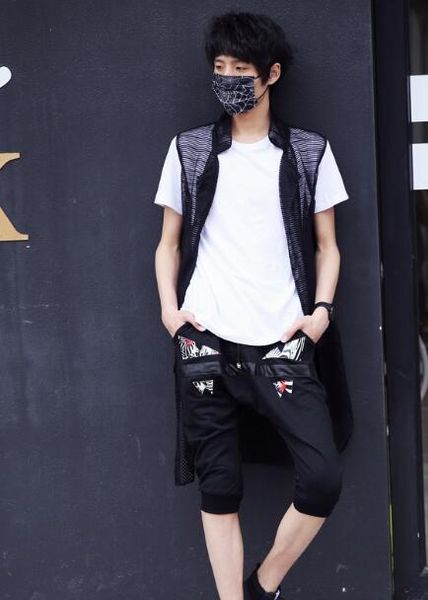 

m-xxl new 2018 summer korean tide men's long hairstyles vest nightclub stage singer costumes hollow vest, Black;white